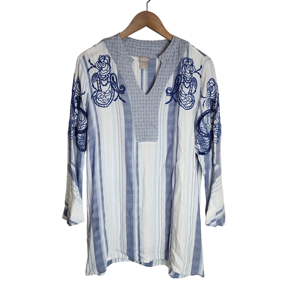 Chico's‎ Tunic Top Women's 2 (12/14) Cut Out Floral Sleeves V-Neck Striped White